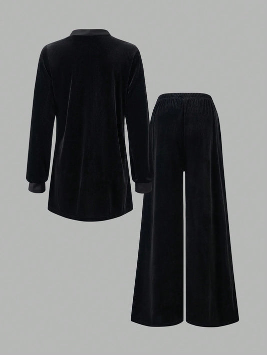 Minimalist Long Sleeve Collarless Top And Wide Leg Pants Set