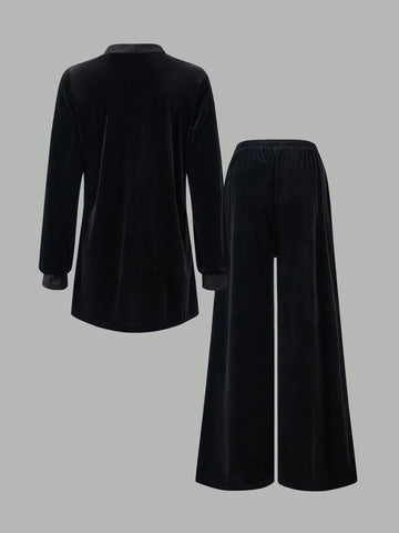 Minimalist Long Sleeve Collarless Top And Wide Leg Pants Set
