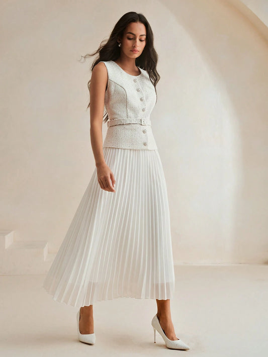 Women's Elegant Retro Patchwork Chiffon 2 In 1 Pleated Dress