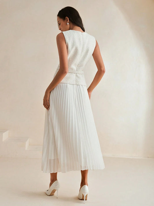 Women's Elegant Retro Patchwork Chiffon 2 In 1 Pleated Dress