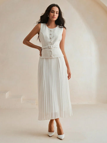 Women's Elegant Retro Patchwork Chiffon 2 In 1 Pleated Dress