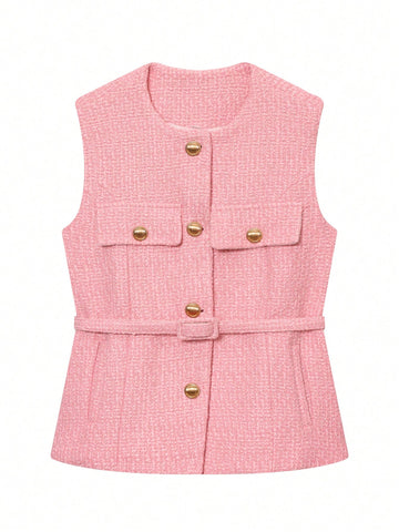 Elegant Sleeveless Single-Breasted Casual Fashion Pocket Decorated Vest