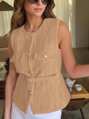 Elegant Sleeveless Single-Breasted Casual Fashion Pocket Decorated Vest