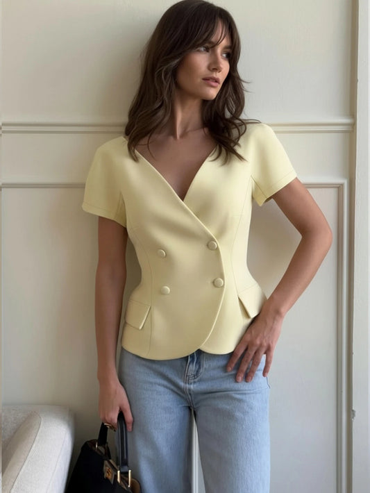 V-Neck Short Sleeve Double-Breasted Front Closure Blouse
