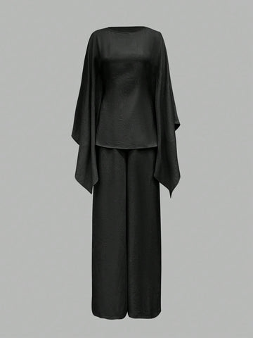 Elegant Cinched Waist Batwing Sleeve Loose Suit