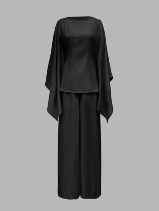 Elegant Cinched Waist Batwing Sleeve Loose Suit