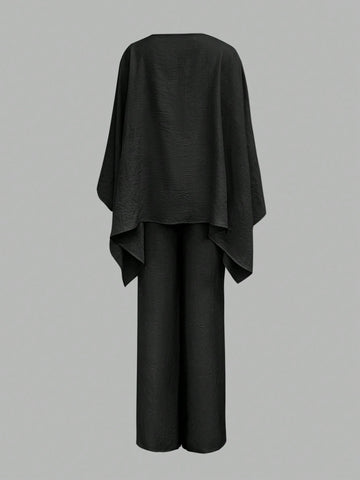 Elegant Cinched Waist Batwing Sleeve Loose Suit