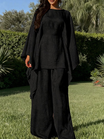 Elegant Cinched Waist Batwing Sleeve Loose Suit