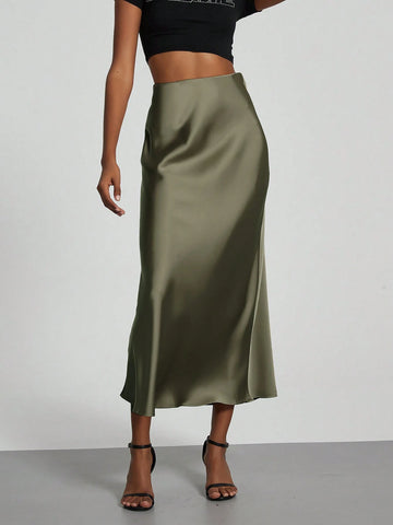 Women Silky Satin Feeling Maxi Skirt