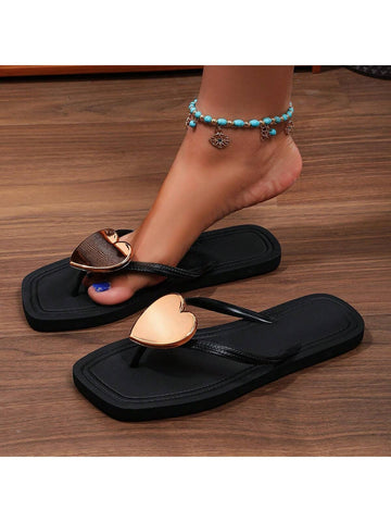 Women's Fashion Heart Buckle Glitter Flip Flops