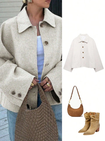 French Style Design Single Breasted Short Style With A Loose Collar Woolen Coat