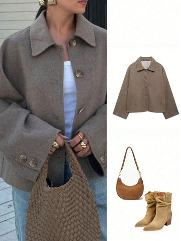 French Style Design Single Breasted Short Style With A Loose Collar Woolen Coat