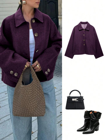 French Style Design Single Breasted Short Style With A Loose Collar Woolen Coat