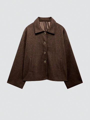 French Style Design Single Breasted Short Style With A Loose Collar Woolen Coat