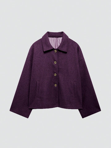 French Style Design Single Breasted Short Style With A Loose Collar Woolen Coat