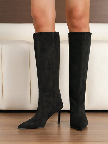 Suede Pointed Toe Stiletto Heel Slip-On Boots