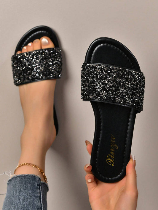 Rhinestone Embellished Luxury Pearl Decorated Slip-On Sandals