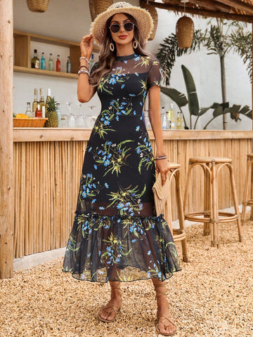 Elegant Colorful Floral Print Mesh Round Neck Short Sleeve Waist Cinched Wave Hem Long Dress