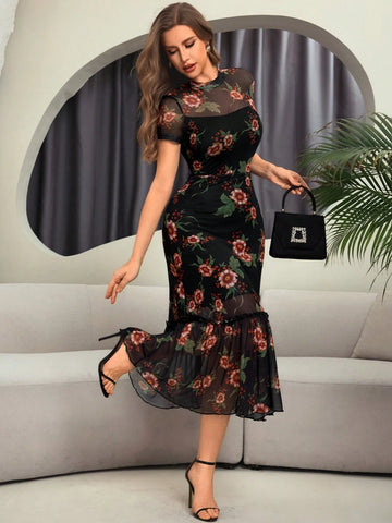 Elegant Colorful Floral Print Mesh Round Neck Short Sleeve Waist Cinched Wave Hem Long Dress