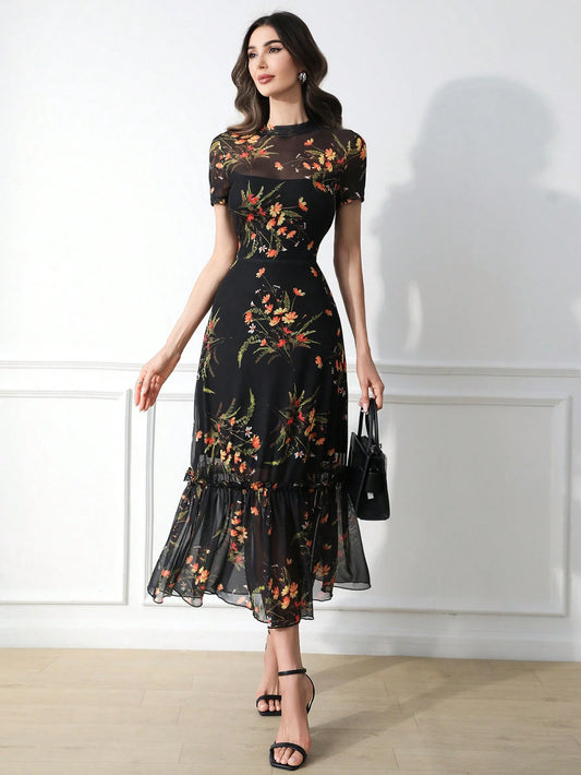 Elegant Colorful Floral Print Mesh Round Neck Short Sleeve Waist Cinched Wave Hem Long Dress
