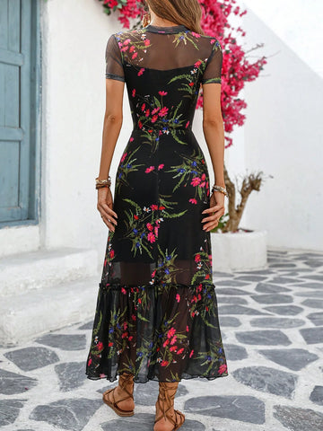 Elegant Colorful Floral Print Mesh Round Neck Short Sleeve Waist Cinched Wave Hem Long Dress
