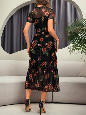 Elegant Colorful Floral Print Mesh Round Neck Short Sleeve Waist Cinched Wave Hem Long Dress