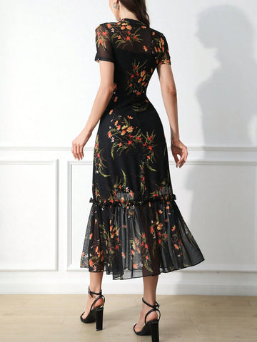 Elegant Colorful Floral Print Mesh Round Neck Short Sleeve Waist Cinched Wave Hem Long Dress