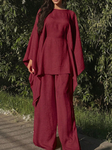 Elegant Cinched Waist Batwing Sleeve Loose Suit
