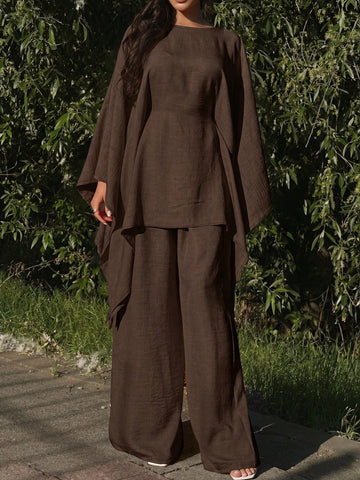 Elegant Cinched Waist Batwing Sleeve Loose Suit