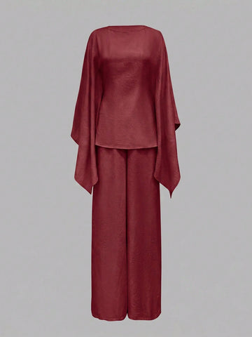 Elegant Cinched Waist Batwing Sleeve Loose Suit