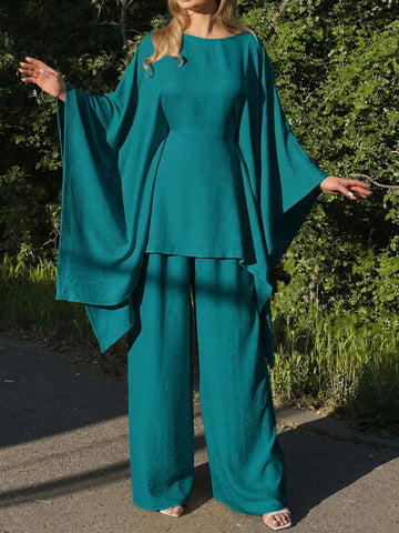 Elegant Cinched Waist Batwing Sleeve Loose Suit