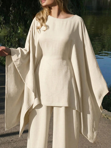 Elegant Cinched Waist Batwing Sleeve Loose Suit