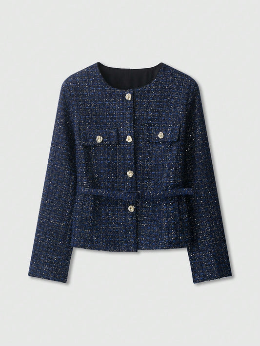 Women's Long Sleeve Metal Button Design Elegant Belted Tweed Jacket