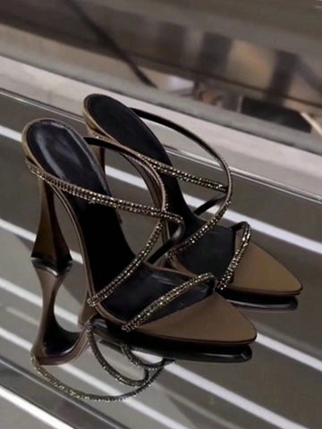 Rhinestone Decorated Satin Peep Toe Sexy Criss-Cross Strap High Heel Sandals