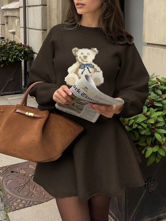 Women's New Casual Elegant Bear Pattern Knitted Pullover Sweater And Ribbed Knit Skirt