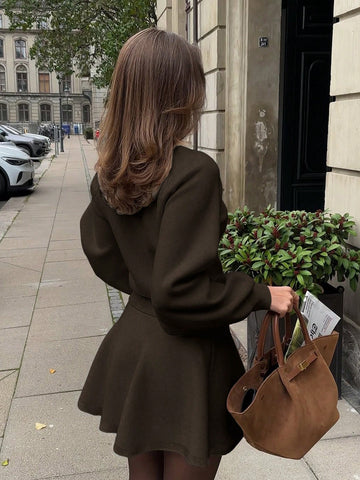 Women's New Casual Elegant Bear Pattern Knitted Pullover Sweater And Ribbed Knit Skirt