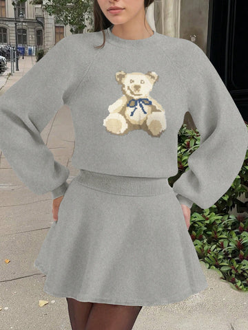 Women's New Casual Elegant Bear Pattern Knitted Pullover Sweater And Ribbed Knit Skirt