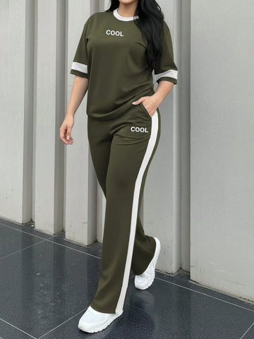 Round Neck Short Sleeve T-Shirt And Elastic Waist Loose Pants