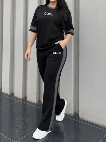 Round Neck Short Sleeve T-Shirt And Elastic Waist Loose Pants