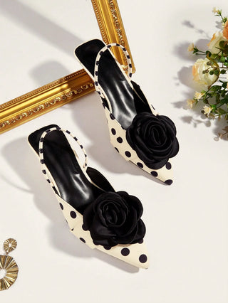 Fashion Closed Toe Open Back Floral Decor Satin Slingback Kitten Heel High Heels