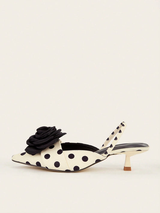 Fashion Closed Toe Open Back Floral Decor Satin Slingback Kitten Heel High Heels