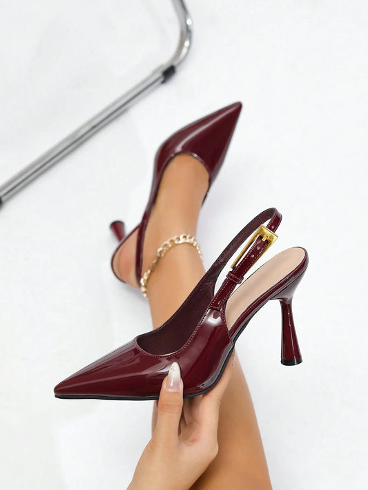 Women's Pointed Toe Fashion Button Detail Patent Leather Slip-On Heeled Pumps