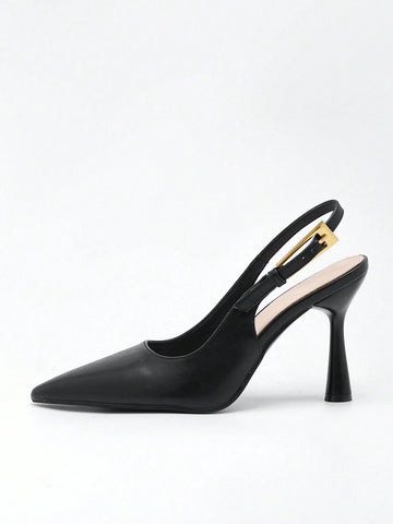 Women's Pointed Toe Fashion Button Detail Patent Leather Slip-On Heeled Pumps
