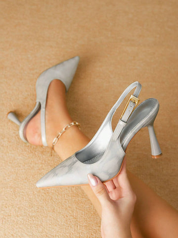 Women's Pointed Toe Fashion Button Detail Patent Leather Slip-On Heeled Pumps