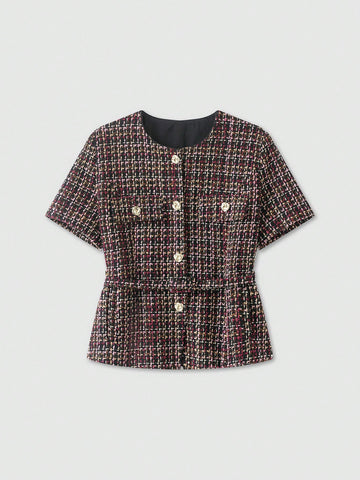 Women's Button Decor Belted Short Sleeve Jacket