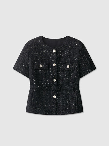 Women's Button Decor Belted Short Sleeve Jacket