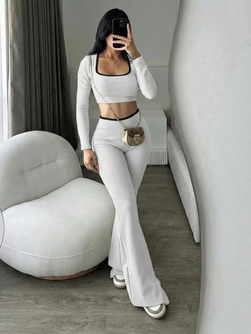 Low Waist Elastic Cropped Long Sleeve Top And Flared Leg Pants