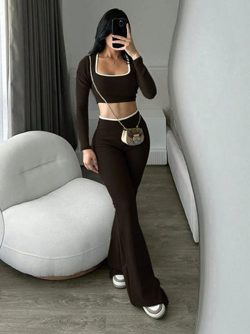 Low Waist Elastic Cropped Long Sleeve Top And Flared Leg Pants