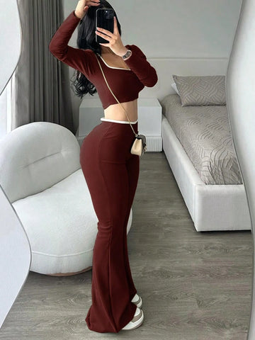 Low Waist Elastic Cropped Long Sleeve Top And Flared Leg Pants