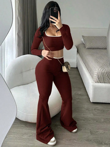 Low Waist Elastic Cropped Long Sleeve Top And Flared Leg Pants